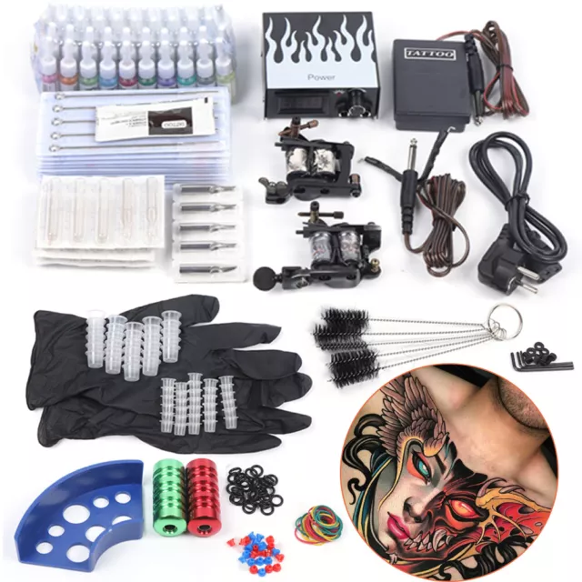 Komplett Tätowierung 2 Tattoomaschine Set Tattoo Kit 40 Farben Inks 50 Nadeln