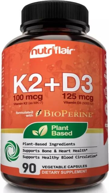 Nutriflair Vitamin K2 MK7 125mcg + D3 5000iu 90 Veggie Tabs MEGA VALUE