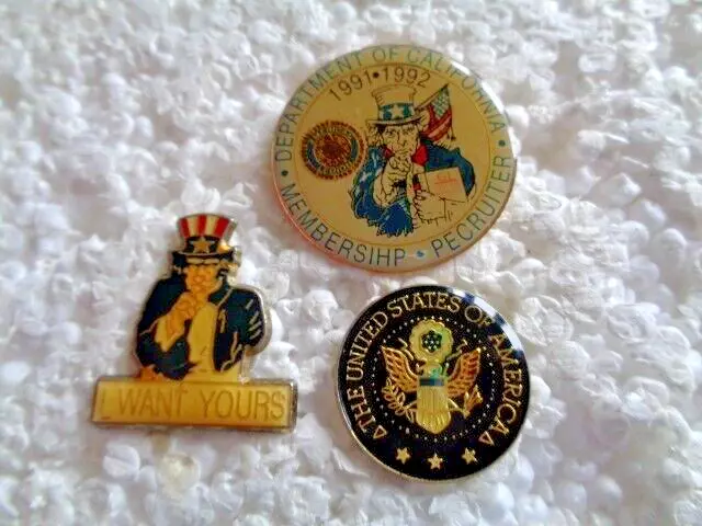 Job lot of 3 USA Uncle Sam related metal lapel pins