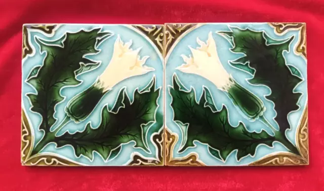 2 Piece Old Art Flower Design Embossed Majolica Ceramic Tiles Belgium 0366