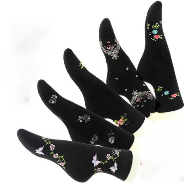 5 Paires Femme Chaussettes Brodé Floral Coton Noir Chaussettes Confort Mode