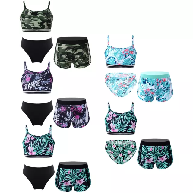 Kids Girls 3Pcs Swimsuit Bikini Bathing Suits Beach Surf Floral Tankini Swimwear