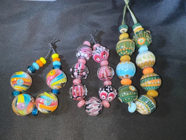 M717) New Lot 3 Handmade Unnamed Lampwork Multi Colored Art Glass Bead Strings