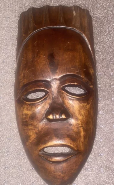 Vintage African Tribal Hand Carved Wood Face Mask Wall Folk Art Hanging