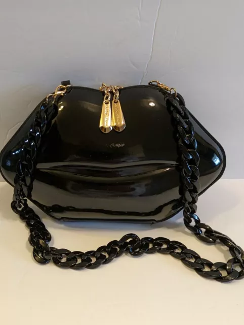 XOX Betsey Johnson Black Glossy Lips 3D Chunky Chain Bag Purse