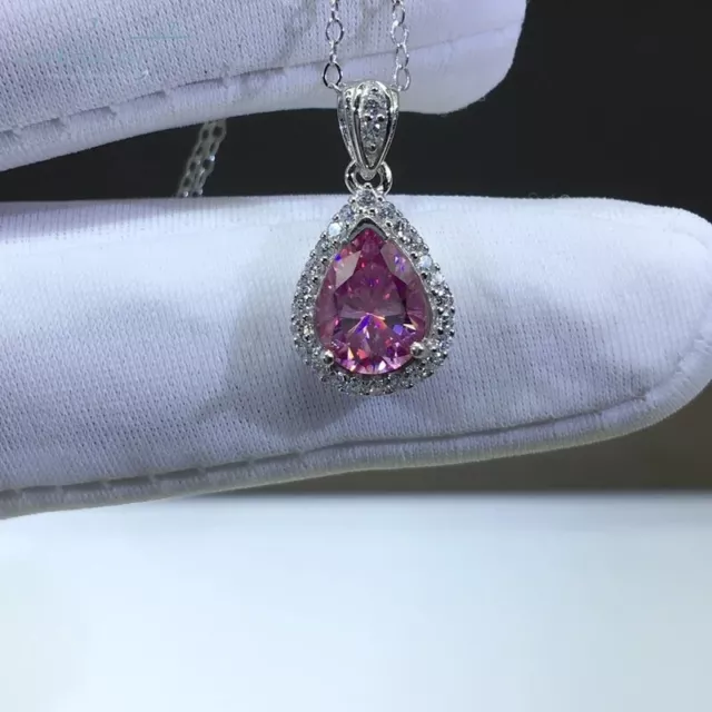 3Ct Pear Cut Lab Created Pink Sapphire Halo 14K White Gold Plated Silver18"Chain