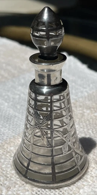 Antique Art Nouveau Glass & Sterling Silver Overlay Floral Motif Perfume Bottle