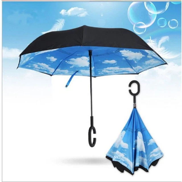 Parapluie Automatique Anti-retournement - Manche En Bois, Bleu, Idéal Pour Temps Venté