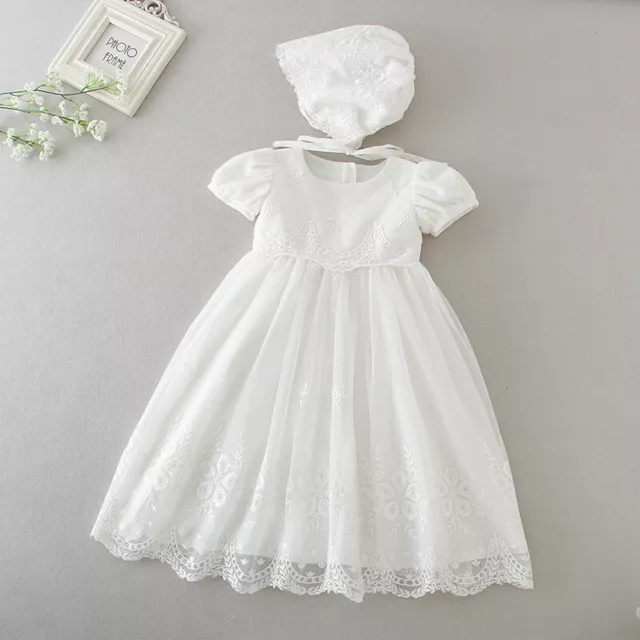 Baby Embroidery Lace Baptism Dress Floral Christening Birthday Party Gown Bonnet