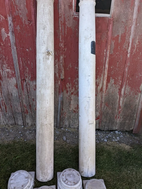 Two Antique Round Wood Porch Columns 90" Long 6 5/8” To 7 5/8” Diameter