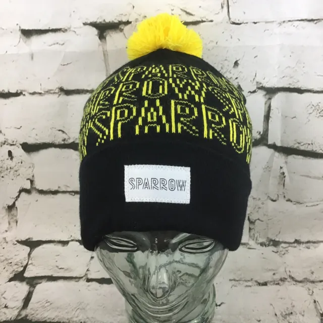 Sparrow Unisex OSFA Hat Yellow Black Pom-Pom Roll-Up Beanie Warm Winter Ski Cap