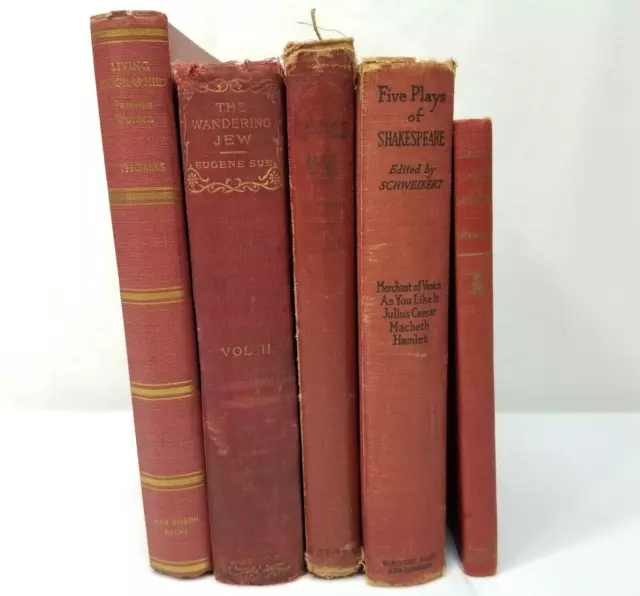 Vintage Red Book Stack Lot of 5 Decorative Worn Staging Instant Library Decor