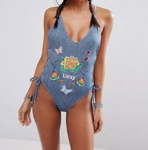 Jaded London Embroidered Denim Print Swimsuit SZ UK 16 US 12 NEW Ships from US