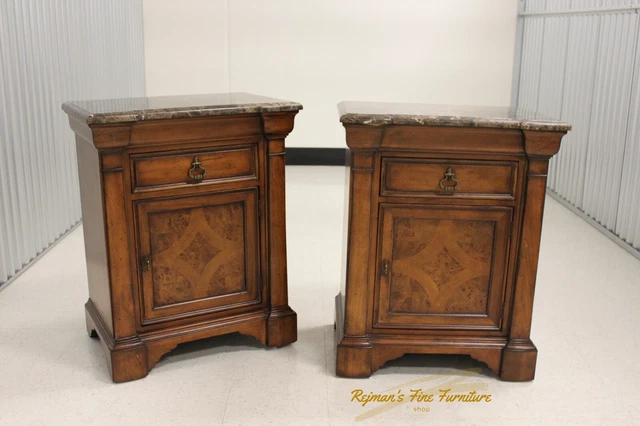 Pair Thomasville Large Emperador Marble Top Transitional Bedside Tables Pair Thomasville Large Emperador Marble Top Transitional Bedside Tables