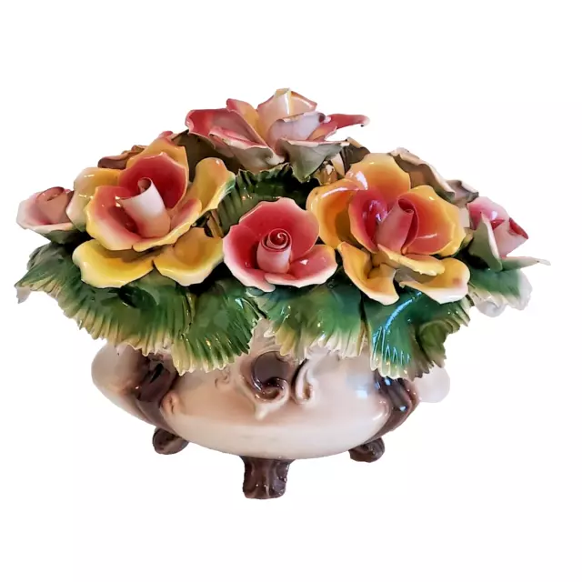 Capodimonte Porcelain Large Flower Centerpiece Yellow & Pink Flowers  13"×10"×9"