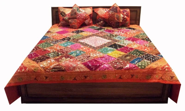 5 Piezas Manta Colcha Edredón Naranja Hecha A Mano Decoración Con Cuentas Sari