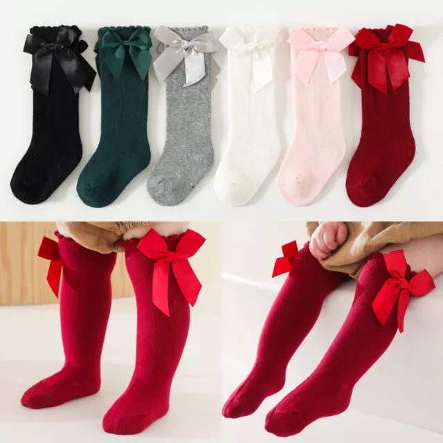 Girls Baby Spanish Style Knee High Ribbon Bow Wedding School Party Socks 0-5Y .