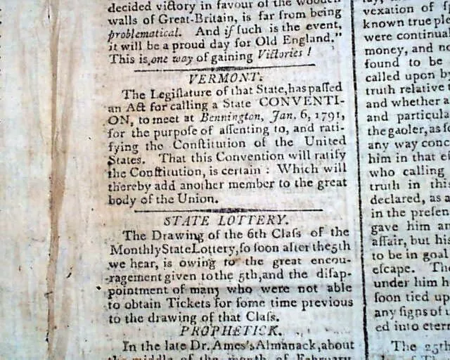 Vermont Considers United States Constitution Ratification 1790 Boston Newspaper