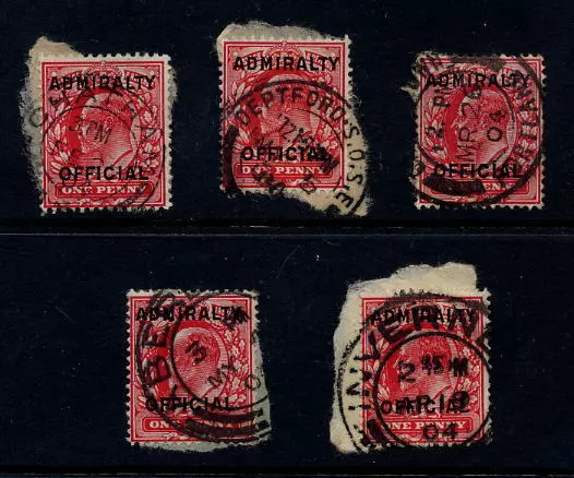 GB OFFICIAL ADMIRALTY 1903 1d T2 FU..5 DIFFERENT PLACES