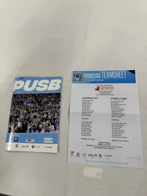 COVENTRY CITY v IPSWICH TOWN 30TH APRIL 2024 PROGRAMME & TEAM SHEET