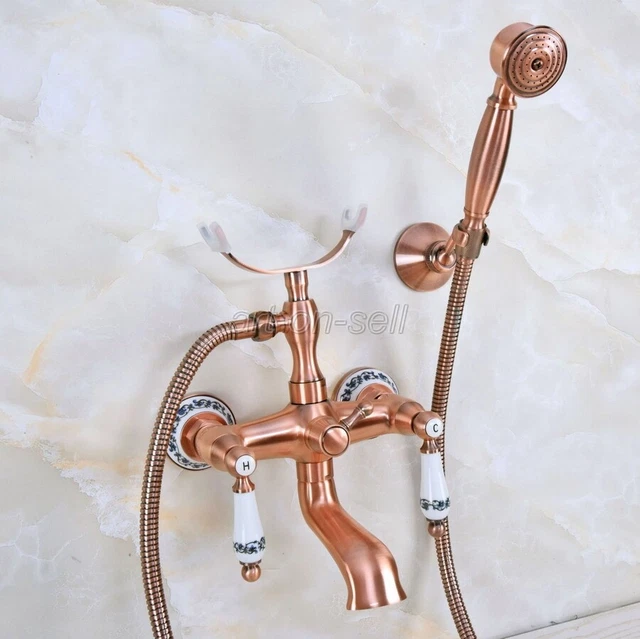 Antique Red Copper Wall Mount Bathtub Clawfoot Bath Tub Faucet w/Handheld Shower