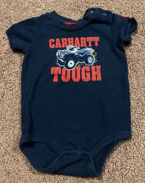 Carhartt Baby Bodysuit Size 9 Months Navy Blue One Piece Snaps Shut Short Sleeve
