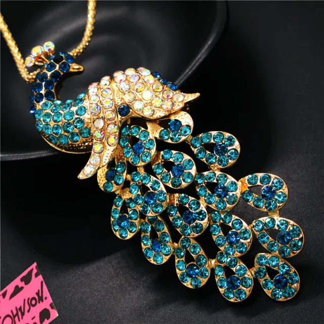 Jewelry Fashion Rhinestone Blue Bling Peacock Crystal Pendant Chain Necklace 2
