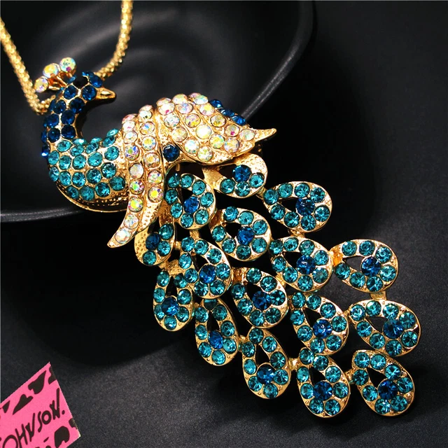 Jewelry Fashion Rhinestone Blue Bling Peacock Crystal Pendant Chain Necklace 2