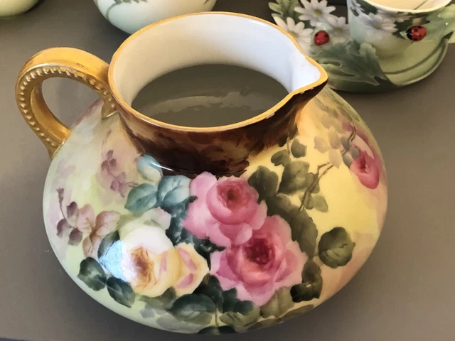 Limoges France Hand Painted Fabulous Roses Vase Pitcher Jug Unique Design