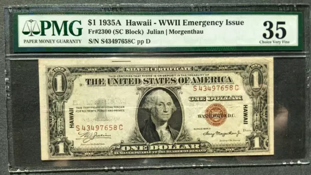 1935 A $1 HAWAII Emergency Silver Certificate Fr#2300 [SC Block] PMG 35