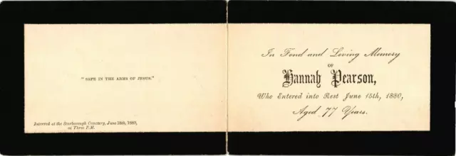 US Victorian 1880 Remembrance Mourning Card Hannah Pearson Scarborough -Foldable