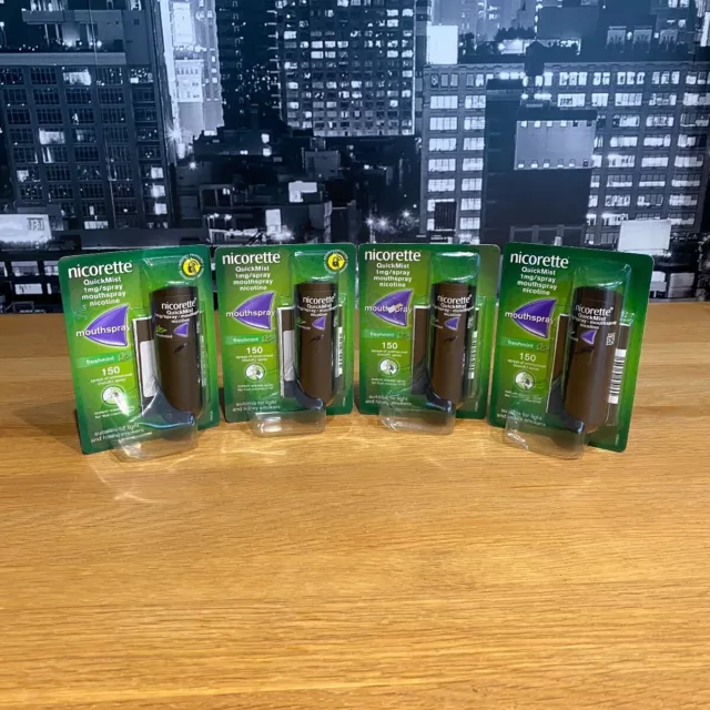 🟢 4 x Nicorette Quickmist Mouthspray Freshmint Mouth Nicotine 150 Sprays 1mg