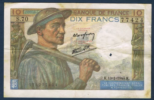 FRANCE - 10 FRANCS MINEUR Fayette n° 8.10 du 13=1=1944.K en TTB S.70 77424