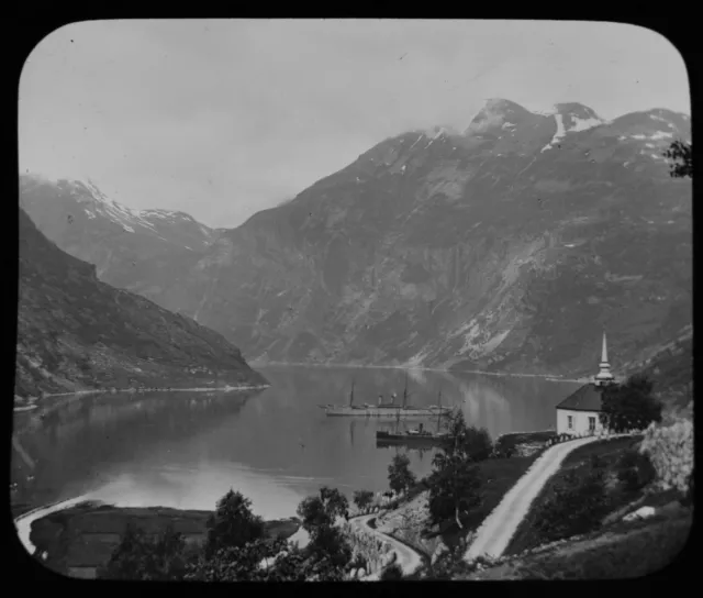 ANTIQUE Magic Lantern Slide STEAM SHIPS IN FJORD NORWAY C1910 PHOTO