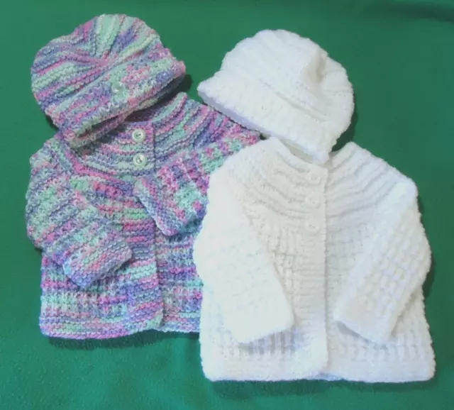 Pack of 2 - Hand knitted Baby Matinee coat & hat sets - Newborn/Reborn