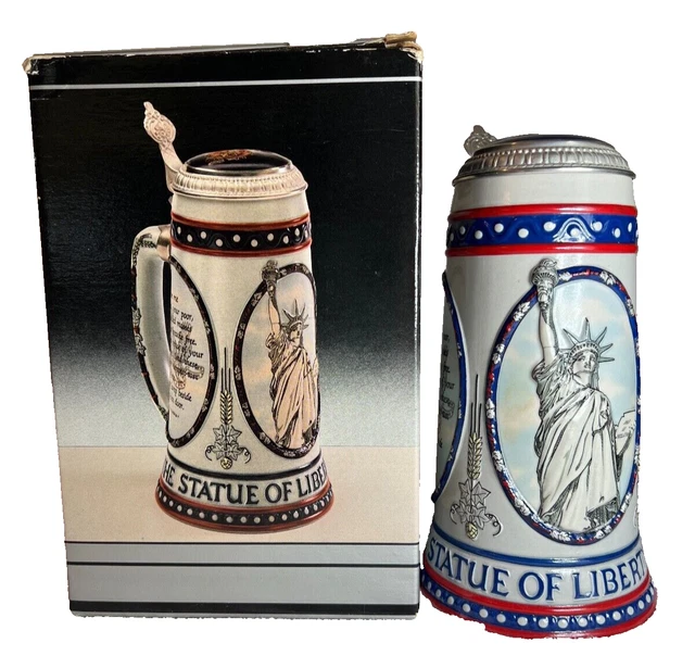 Stroh's Lidded Beer Stein Statue of Liberty Ellis Island 1986 Vintage in box