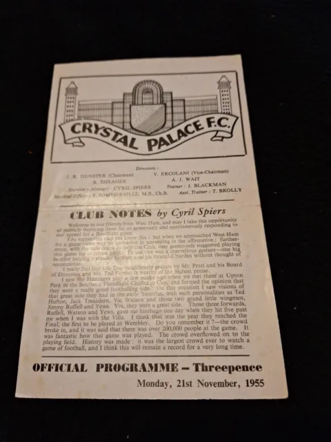 Crystal Palace V West Ham 1955/56 Floodlight Friendly Football Programme  4 Page