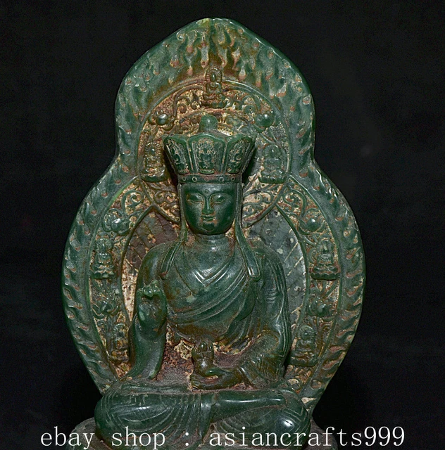 7.2" Ancient Chinese Green Jade Carved Ksitigarbha Boddhisattva Statue Sculpture 2