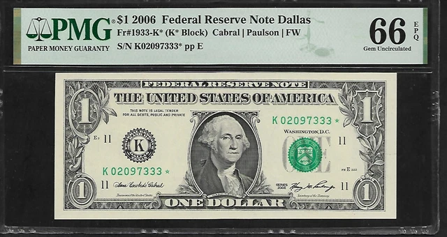 US 1 Dollar 2006 PMG 66 EPQ UNC Fr #1933-K* FRN Dallas With Star