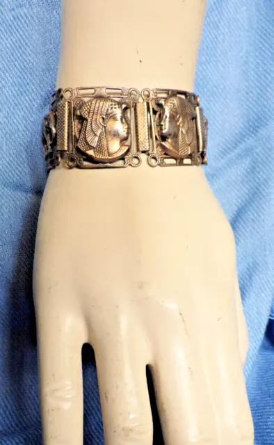 Vtg Brass Filigree Egyptian Revival Link Bracelet Cuff -Raised Figural Panels