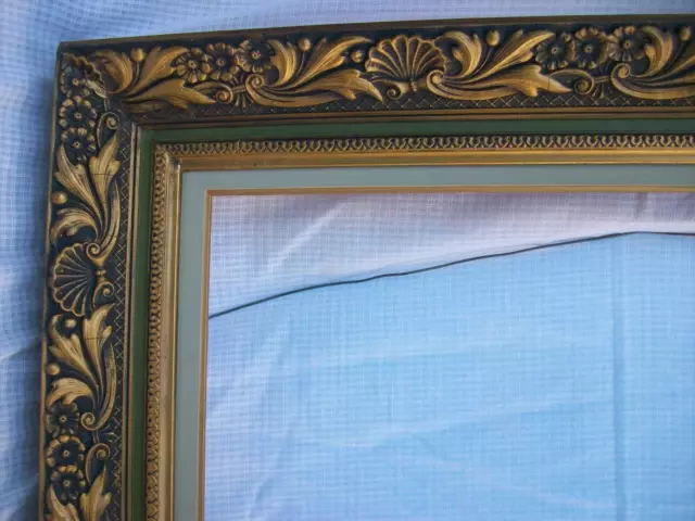 Large Antique Vintage Gold Green Ornate Wood & Gesso Frame Shells Leaves 36 X 28