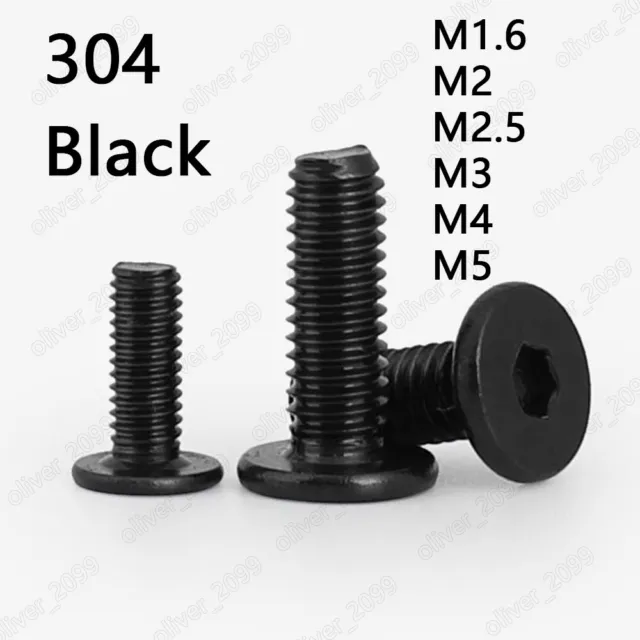 Black 304 Stainless Steel Allen Hex Socket Utrathin Flat Head Screws M2 M3 M4 M5