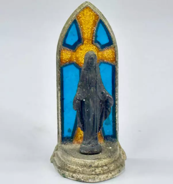 Vintage French Personal Devotion Mini Virgin Mary Figure On Religious Stand