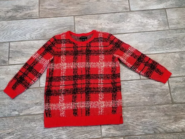 Ann Taylor Womens Mohair Wool Blend Check Sweater Red Fuzzy Crew Neck SzS