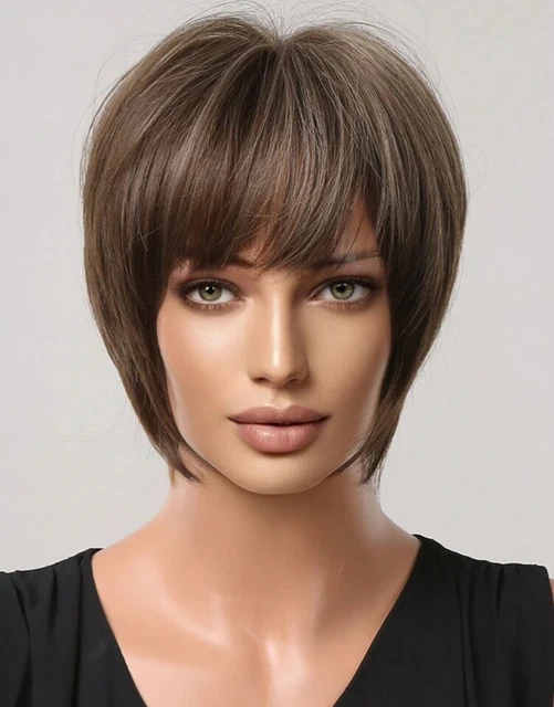 Perruque Synthétique Courte Brune Foncée à Frange Pixie - 25cm, Bonnet Moyen, Monofilament
