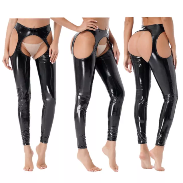 Leggings sexy donna pelle verniciata passo aperto pantaloni lucidi festa costume discoteca