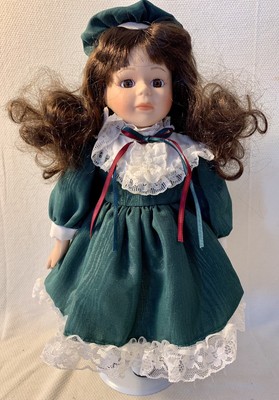 Unbranded Porcelain Doll Emerald Green Dress Brunette Brown Eyes 11 Inches