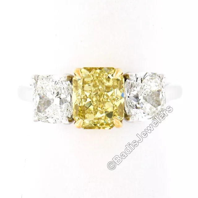 Platinum 18k Gold 3.47ct GIA Fancy Yellow & White Cushion Diamond 3 Stone Ring
