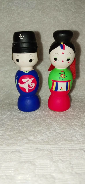 Hand Painted Wooden Korean Bride & Groom Wedding Dolls 3 1/2"