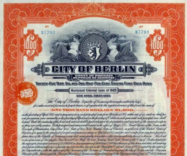 City of Berlin - State of Prussia 1925, 6 1/2% Gold Bond due 1950 (1.000 $)